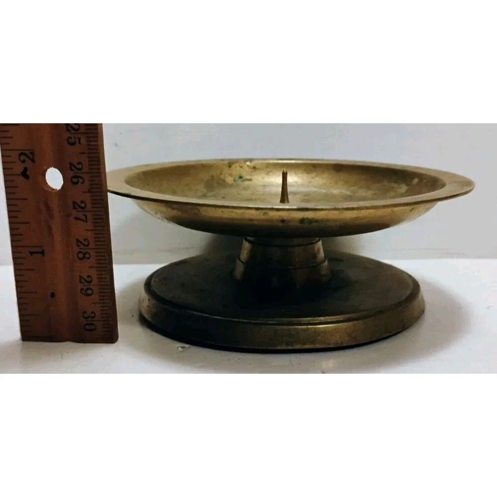 Vtg Heavy Solid Brass Pricket Candle Holder Low Profile Saucer Pillar Stand 2